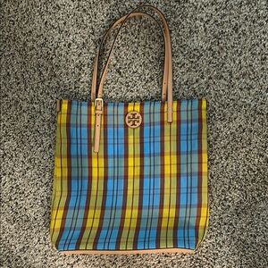 Tory Burch Blue and Yellow Plaid Tote